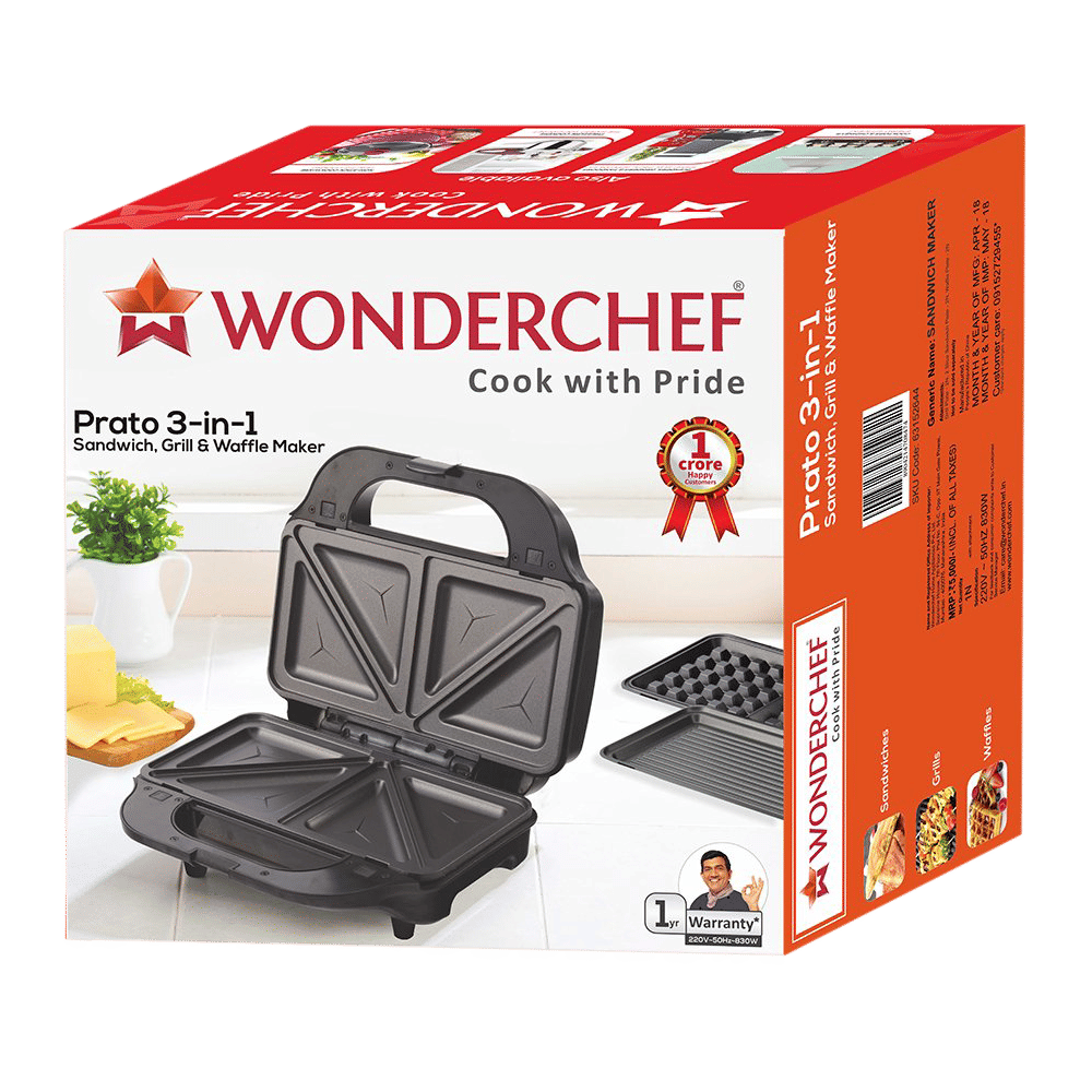 Buy WONDERCHEF Prato 830W 4 Slice 3in1 Sandwich Maker with Cool Touch